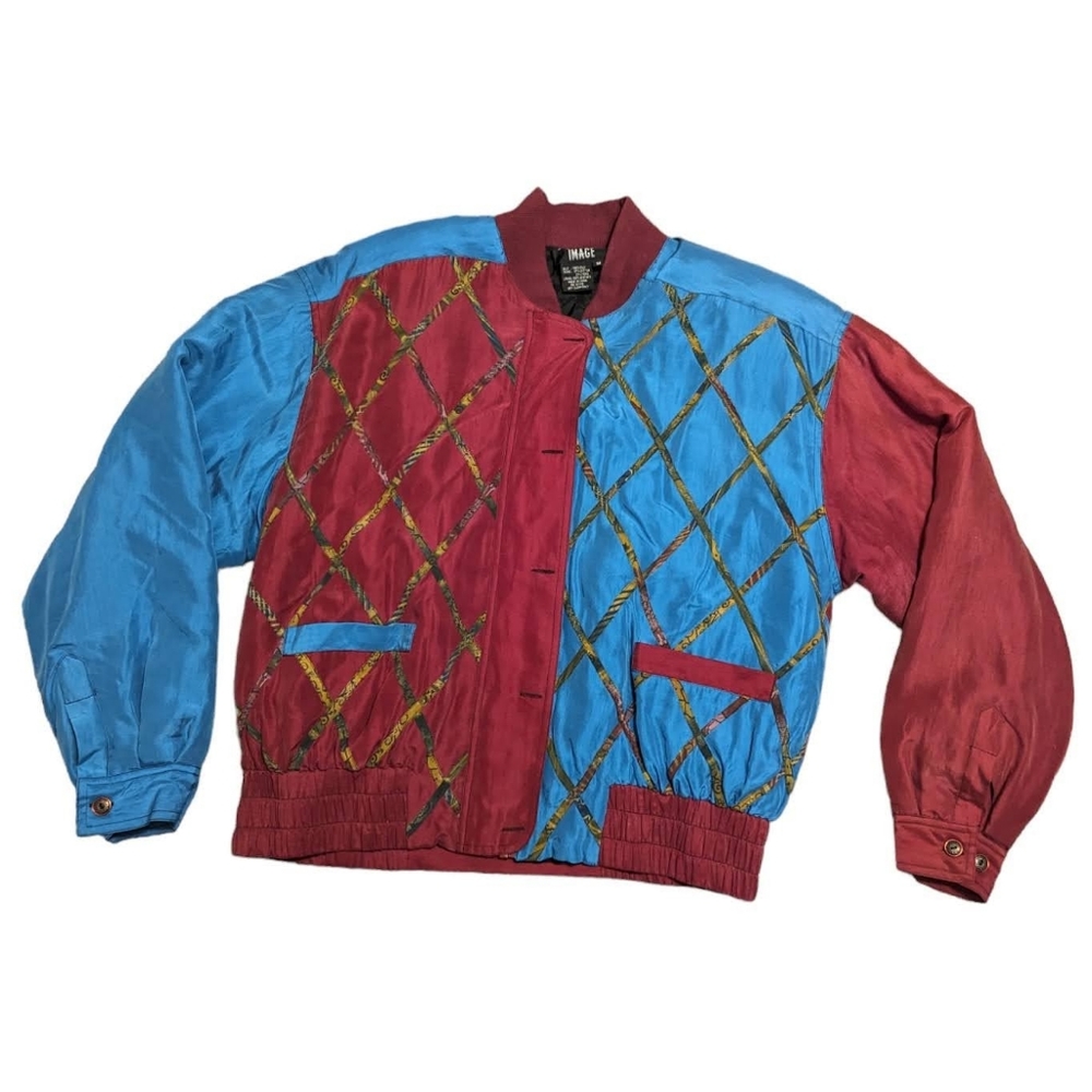 Vintage Burgundy and Blue 100% Silk Jacket Size Medium Studio Image Retro